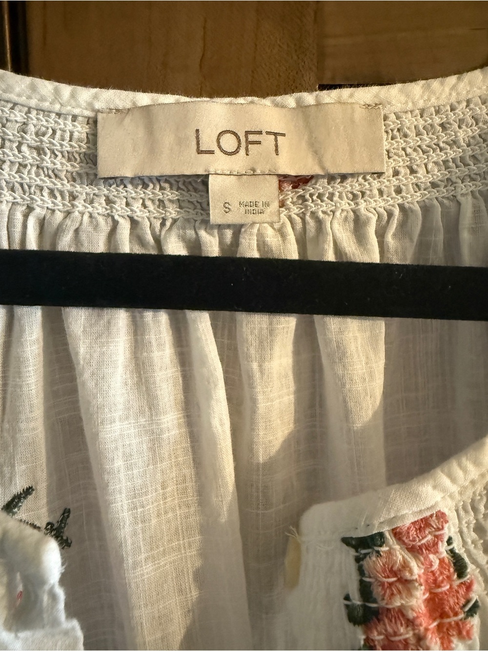LOFT White Button-Front Peasant Blouse with Pink Floral Embroidery - Picture 3 of 7